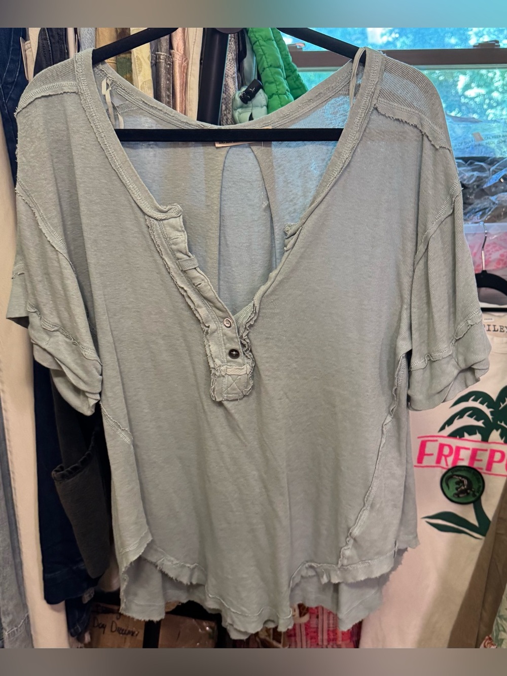 Free People Washed Sage Green Button Henley Short Sleeve Tee - Picture 5 of 8
